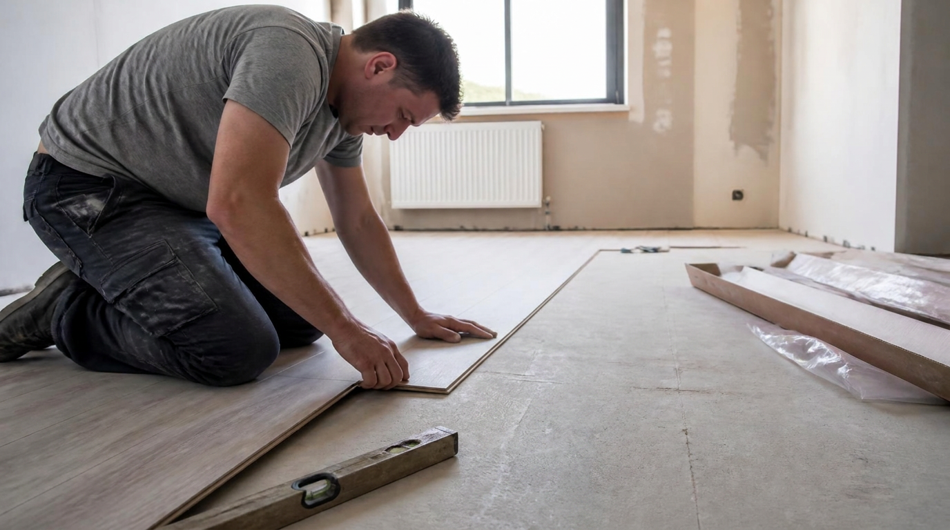 Handwerker setzt eine Innentür in einem frisch verputzten Raum ein